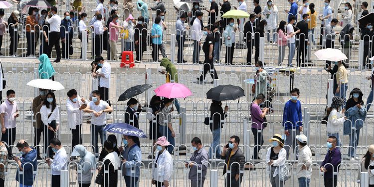 HEFEI, CHINA - MAY 17: Residents queue up to receive COVID-19 vaccines at Hefei Olympic Sports Center on May 17, 2021 in Hefei, Anhui Province of China. (Photo by Zhang Dagang/VCG via Getty Images)