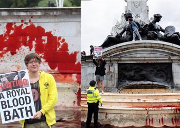 (ვიდეო) – წითლად შეღებილი შადრევანი და დედოფალ ვიქტორიას მემორიალი – რა ხდება ლონდონში?