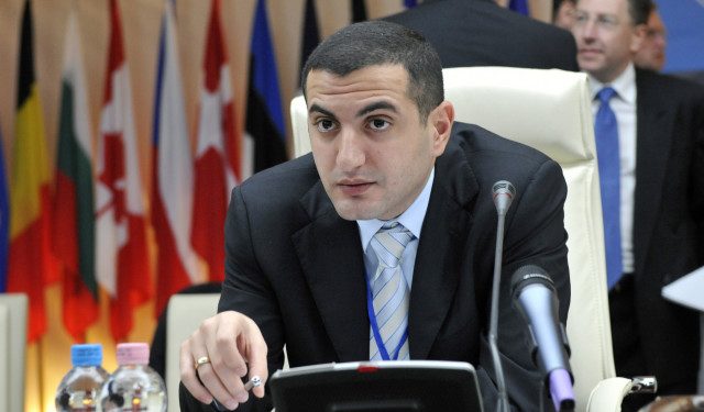 Defense Minister of Georgia Davit Kezerashvili waits prior the NATO-Georgia Commission session in the conference hall of Hotel Marriot of Budapest on October 10, 2008. The meeting of the NATO-Georgia Commission -- a first-ever at ministerial level -- takes place on the date set for Russia to withdraw troops from buffer zones near two rebel Georgian regions, Abkhazia and South Ossetia. AFP PHOTO / ATTILA KISBENEDEK / AFP / ATTILA KISBENEDEK