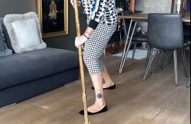 ლელა წურწუმია იატაკის ჯოხით ხელში ოთხფეხა მეგობარს ეთამაშება (ვიდეო)