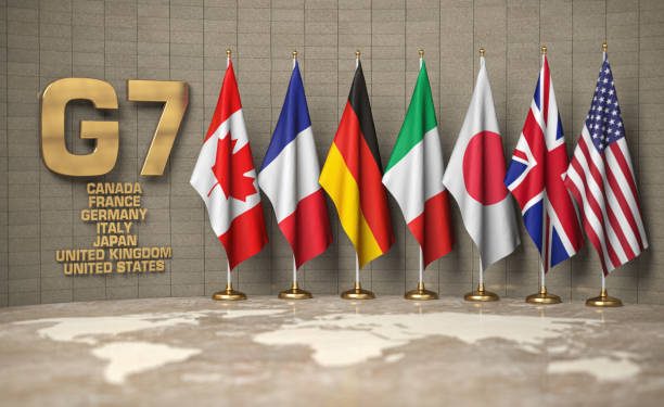 G7 summit or meeting concept. Row from flags of members of G7 group of seven and list of countries, 3d illustration