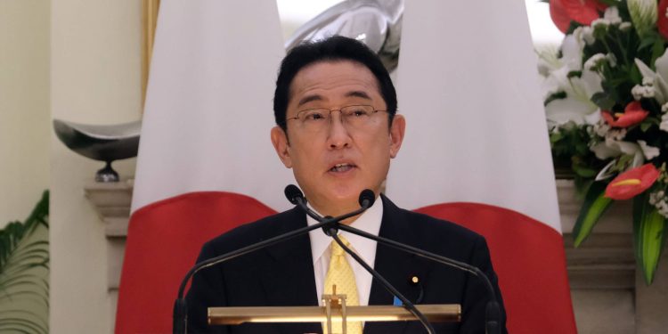 Fumio Kishida, Japan's prime minister, speaks during a joint press conference with Narendra Modi, India's prime minister, not pictured, at Hyderabad House in New Delhi, India, on Saturday, March 19, 2022. Democracies like India and Japan should cooperate more, Kishida told reporters in New Delhi, as Russia's war in Ukraine dominated the summit level meeting between the prime ministers of both countries. Photographer: T. Narayan/Bloomberg