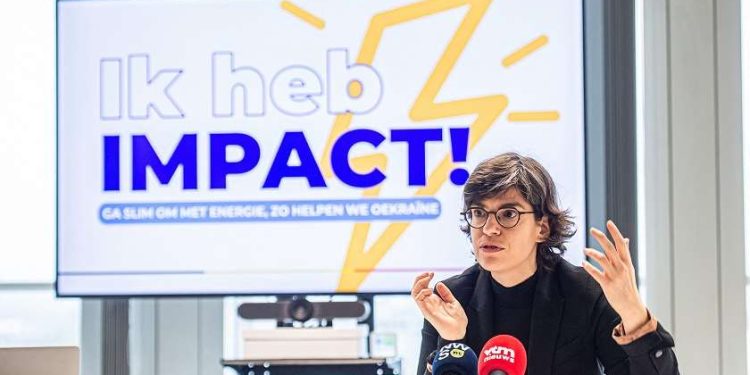 Energy minister Tinne Van der Straeten is seen during the presentation of the federal government's information campaign 'Be smart about energy, this is how we help Ukraine', in Brussels, Thursday 07 April 2022. BELGA PHOTO JONAS ROOSENS (Photo by JONAS ROOSENS / BELGA MAG / Belga via AFP) (Photo by JONAS ROOSENS/BELGA MAG/AFP via Getty Images)