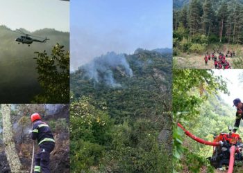 ბორჯომში, ხანძრის ჩაქრობას ვერტმფრენი და 100 მეხანძრე-მაშველი ცდილობს