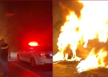 ხაშურთან, ავტომაგისტრალზე მანქანა იწვის