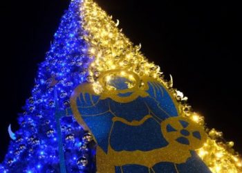 კიევში ნაძვის ხე უკრაინის დროშის ფერებში განათდა