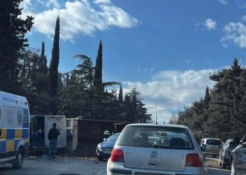 უნივერსიტეტის ქუჩაზე სატვირთო განათების ბოძს შეეჯახა და ამობრუნდა