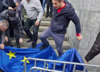 „ალტ-ინფოს“ მომხრეებმა პარლამენტთან დროშა ჩამოხსნეს და დაწვეს