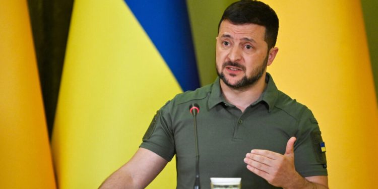 Ukrainian President Volodymyr Zelensky addresses a joint press conference with Spain's Prime Minister following their talks in Kyiv, on July 1, 2023. Spanish Prime Minister Pedro Sanchez arrived in Kyiv on July 1, 2023, to signal EU support for Ukraine as the country's commander-in-chief said he was frustrated by the slow deliveries of Western weapons. (Photo by Sergei CHUZAVKOV / AFP) (Photo by SERGEI CHUZAVKOV/AFP via Getty Images)