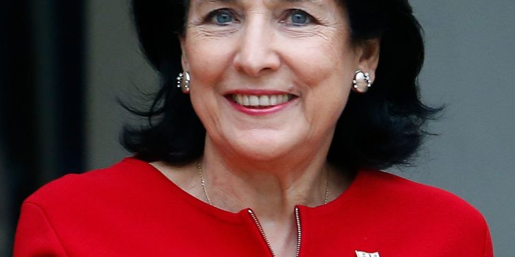 PARIS, FRANCE - FEBRUARY 19: Georgia's President Salome Zourabichvili poses as she arrives prior to her meeting with French President Emmanuel Macron at the Elysee Presidential Palace on February 19, 2019 in Paris, France. Salome Zourabichvili, the first woman president of Georgia is on a three-day official visit to France. (Photo by Chesnot/Getty Images)