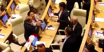 დაპირისპირება პარლამენტში – რიმა ბერაძე გიორგი ვაშაძეს თავში პლანშეტის ჩარტმით ემუქრებოდა