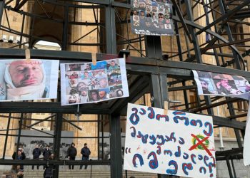 მედიის წარმომადგენლებმა ნაძვის ხის კონსტრუქციაზე ნაცემი ჟურნალისტების ფოტოები ჩამოკიდეს