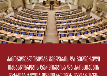 კანონმდებლობიდან გენდერისა და გენდერული თანასწორობის ტერმინებისა და პრინციპების გაქრობა ქალთა მდგომარეობას გააუარესებს – სოციალური სამართლიანობის ცენტრი