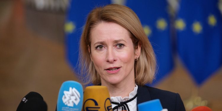 BRUSSELS, BELGIUM - DECEMBER 19: EU Commission vice-president, High Representative for Foreign Affairs and Security Policy Kaja Kallas talks to the media before the start of an EU Summit meeting in the Europa, the EU Council headquarter on December 19, 2024 in Brussels, Belgium. Ukrainian President Volodymyr Zelenskyy called for unity between the USA and the EU in order to achieve peace in Ukraine on Thursday as he arrived at the European summit in Brussels. (Photo by Thierry Monasse/Getty Images)